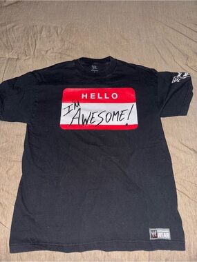 WWE Black Short Sleeve Tee with Red & White 'HELLO I'm AWESOME' Graphic